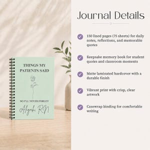 May include: A light green spiral-bound journal with black text reading THINGS MY PATIENTS SAID SO I'LL NEVER FORGET Aliyah, RN and a line drawing of a rose. The right side lists journal details including 150 lined pages and a matte laminated hardback.