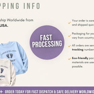 Shipping info graphic for custom Labor & Delivery sweatshirts with fast processing badge and two sample sweatshirts personalized Heather RN and Susan RN.