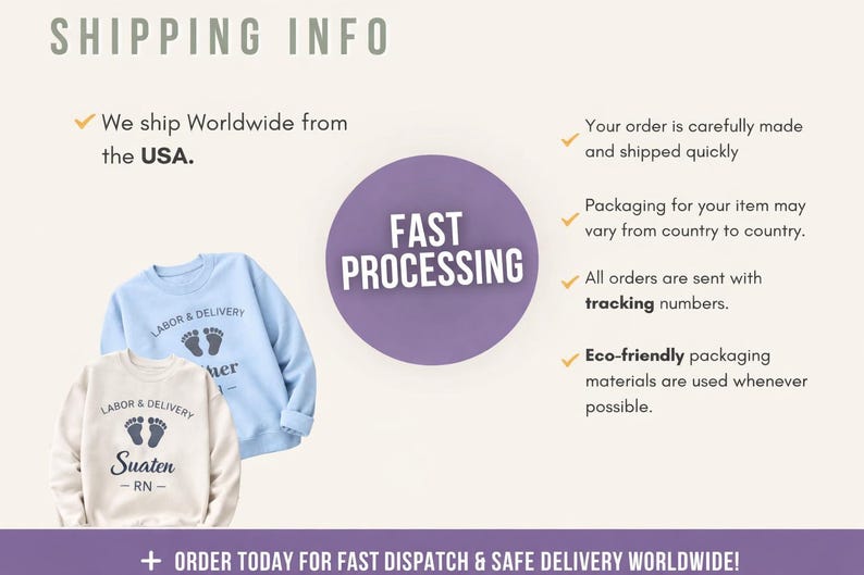 Shipping info graphic for custom Labor & Delivery sweatshirts with fast processing badge and two sample sweatshirts personalized Heather RN and Susan RN.