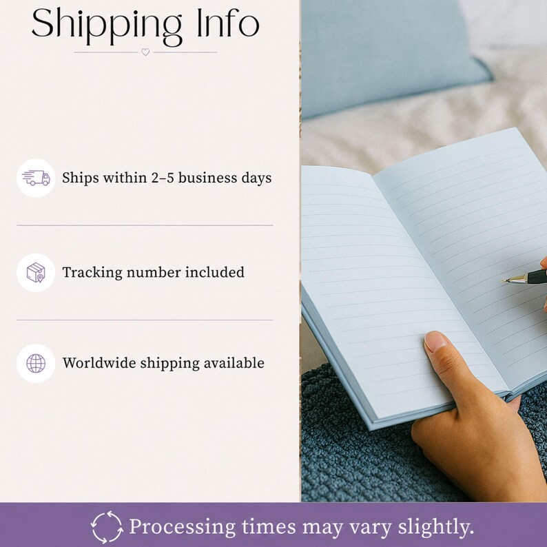 Image features an open journal. Text includes "SHIPPING INFO". The journals are packaged to protect them during transit. Eco-friendly packaging is used when possible.