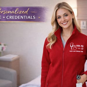 Custom Embroidered Nurse Jacket Professional Medical Workwear Personalized Name Credentials Fleece Full Zip Healthcare Apparel RN BSN Nursing Professional Jacket Comfortable Hospital Shift Wear Gift Nursing Graduation Student Nurse Present