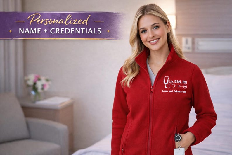 Custom Embroidered Nurse Jacket Professional Medical Workwear Personalized Name Credentials Fleece Full Zip Healthcare Apparel RN BSN Nursing Professional Jacket Comfortable Hospital Shift Wear Gift Nursing Graduation Student Nurse Present
