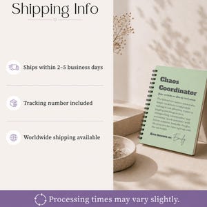 May include: A light green spiral-bound notebook featuring the printed text Chaos Coordinator, a phonetic pronunciation guide, a definition of the term, and the phrase Also known as: Emily in black ink on the front cover of the paper product.