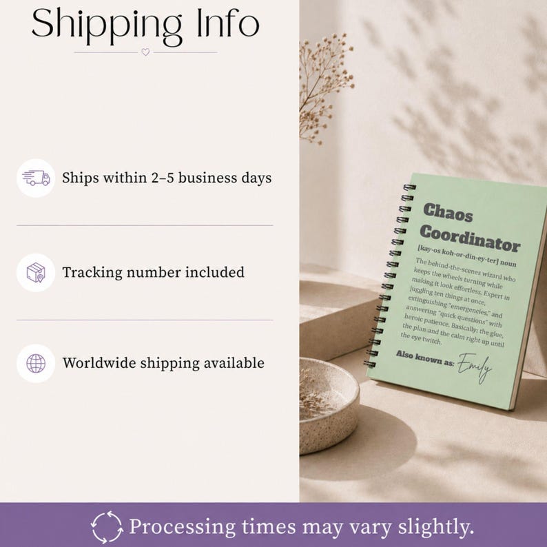May include: A light green spiral-bound notebook featuring the printed text Chaos Coordinator, a phonetic pronunciation guide, a definition of the term, and the phrase Also known as: Emily in black ink on the front cover of the paper product.