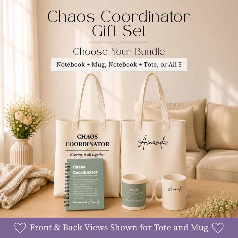 May include: A gift set featuring two off-white canvas tote bags, a sage green spiral-bound notebook, and two ceramic mugs. The items are printed with the text Chaos Coordinator, Keeping it all together, and the name Amanda in black lettering.