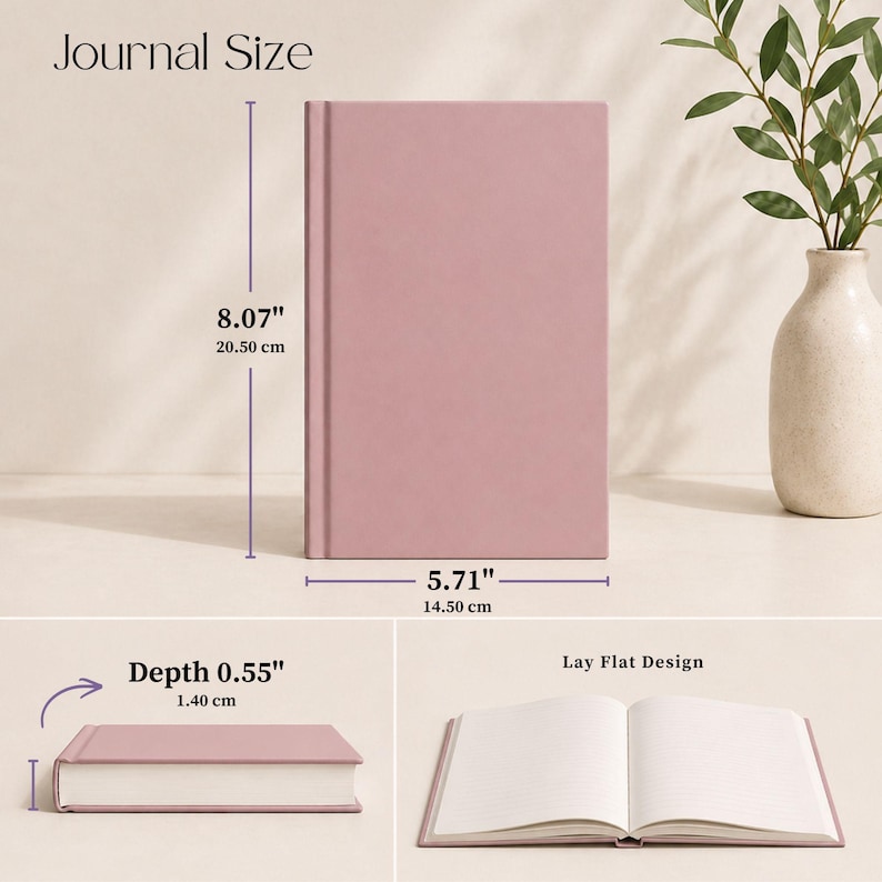 Hardcover nurse journal size guide showing 8.07 inch by 5.71 inch dimensions, 0.55 inch depth, lay flat design, and lined interior pages for a personalized Things My Patients Said nurse journal.