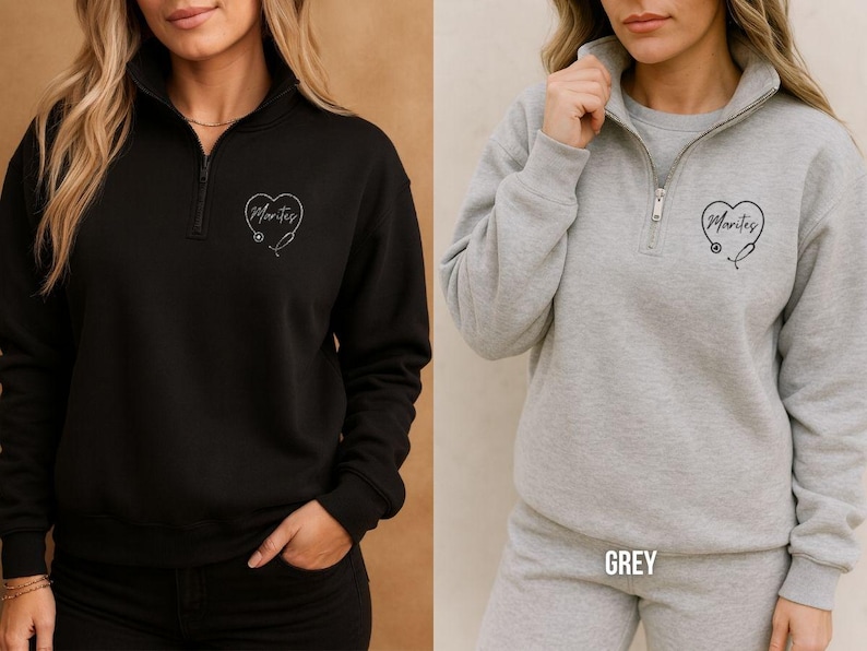 Healthcare Worker Gift Personalized Nurse Quarter Zip Custom Name Embroidered Pullover Stethoscope Heart Design Medical Professional Appreciation Fleece Jacket Unisex Comfortable Fit Layer Over Scrubs Birthday Present Nursing Graduation