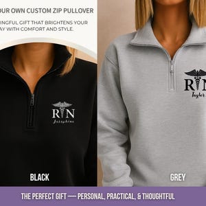 Custom Embroidered Nurse Pullover Personalized Name Quarter Zip Black Fleece Medical Jacket Caduceus Symbol Professional RN Apparel Healthcare Worker Gift Nursing Uniform Layer Comfortable Staff Clothing Medical Team Wear Professional