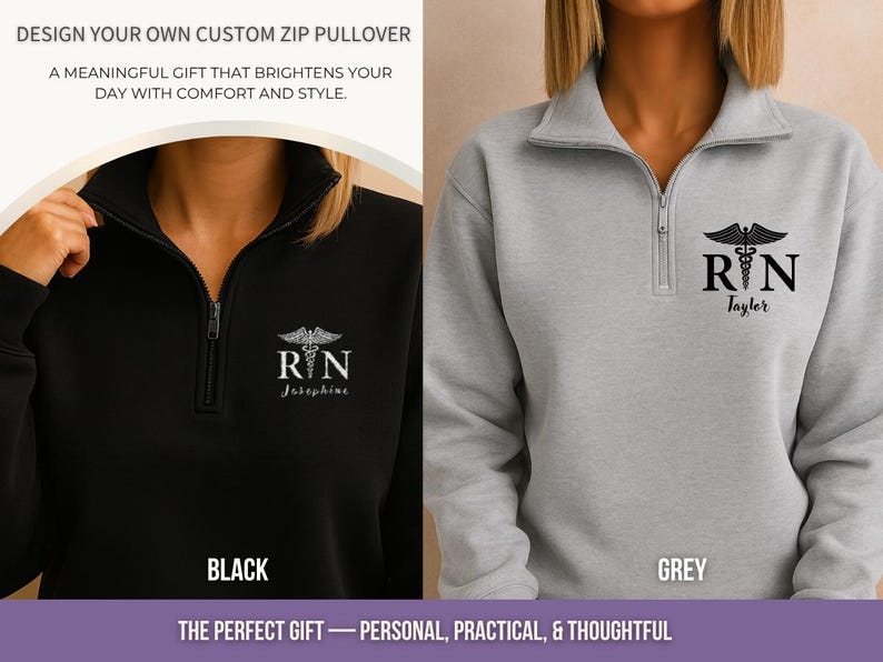 Custom Embroidered Nurse Pullover Personalized Name Quarter Zip Black Fleece Medical Jacket Caduceus Symbol Professional RN Apparel Healthcare Worker Gift Nursing Uniform Layer Comfortable Staff Clothing Medical Team Wear Professional
