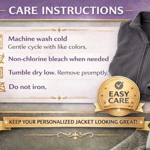 Care instructions graphic for personalized nurse fleece jacket in iron grey showing machine wash cold, gentle cycle, non-chlorine bleach, tumble dry low, remove promptly and do not iron.