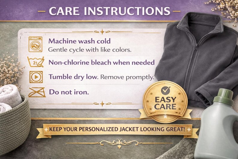 Care instructions graphic for personalized nurse fleece jacket in iron grey showing machine wash cold, gentle cycle, non-chlorine bleach, tumble dry low, remove promptly and do not iron.