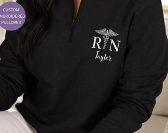 Rn Quarter Zip Black Pullover Custom Embroidery Name Stitched Caduceus Emblem Fleece Medical Jacket Personalized Healthcare Gift Registered