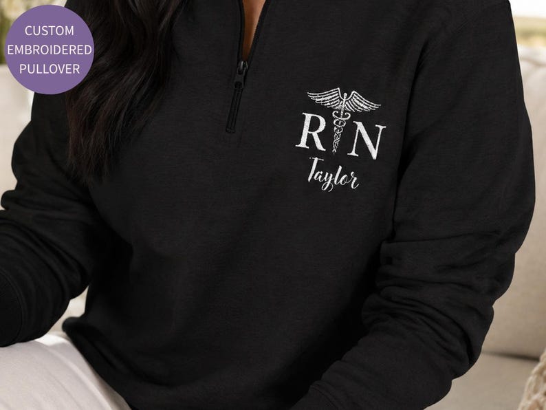 Registered Nurse Quarter Zip Pullover Custom Embroidered Name Caduceus Medical Symbol Black Fleece Jacket Professional Healthcare Gift Personalized Nursing Apparel Work Uniform Layer Comfortable Medical Staff Clothing RN Team Wear
