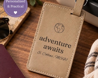 Personalized Luggage Tag Custom Travel Identifier Gift Graduation Wanderlust Trip Adventure Bag Label Leather Accessory Engraved Journey