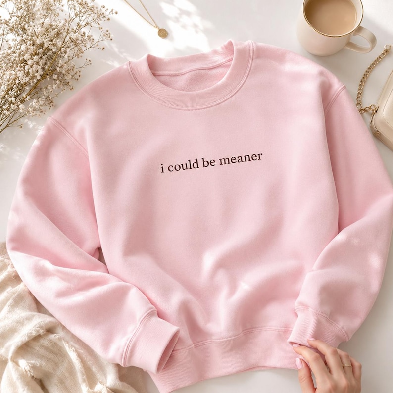 Embroidered Crewneck Sweatshirt I Could Be Meaner Sarcastic Humor Gift For Men Custom Personalized Pullover Funny Saying Premium Unisex Attitude Apparel Witty Statement Joke Garment Bold Typography Design Comfortable Cotton Blend Fabric