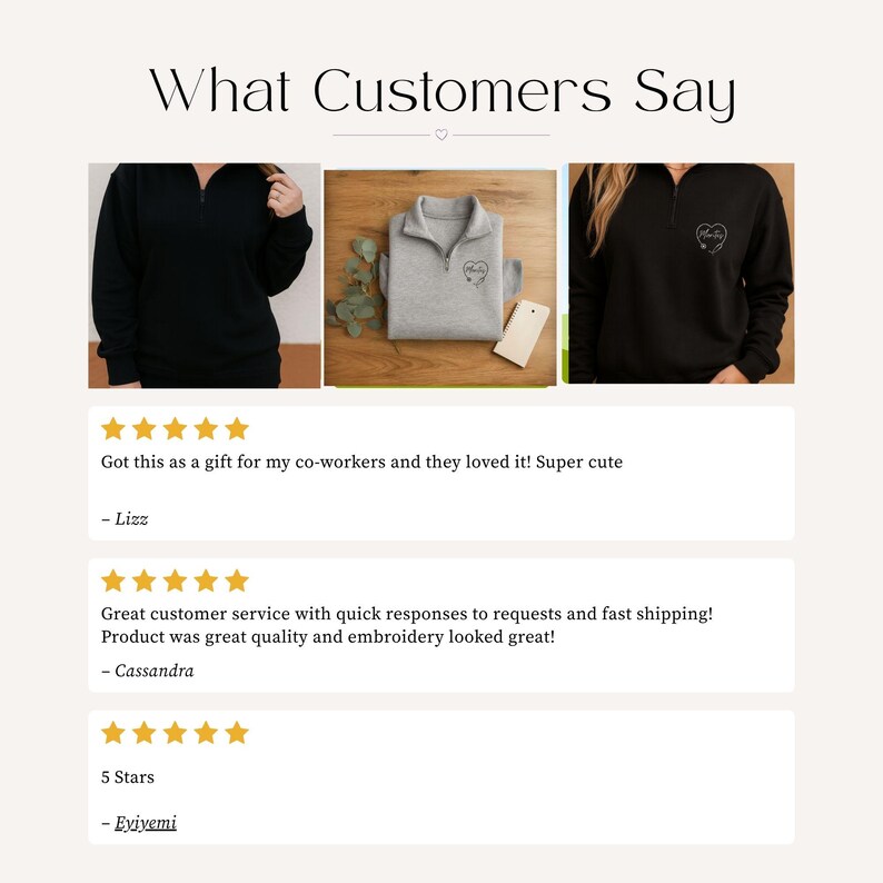 May include: The image displays three sweatshirts, two black and one grey, with a quarter-zip design. The text "What Customers Say" is at the top. Customer reviews with star ratings are below the images, praising the product's quality and customer service.