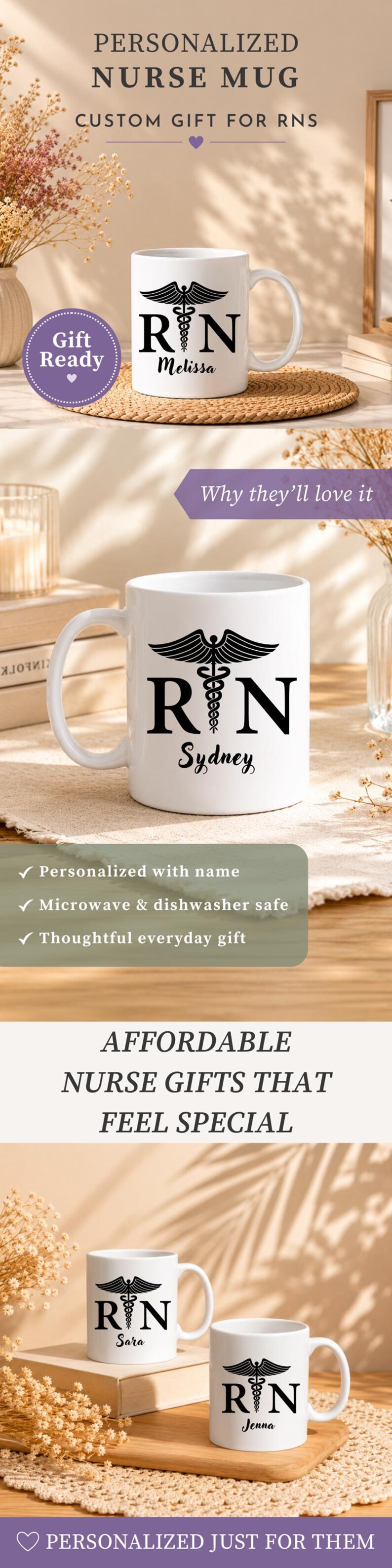 May include: A white ceramic mug featuring a black caduceus symbol between the letters R and N, with a personalized name printed below in a script font. The design is displayed on multiple mugs with names including Melissa, Sydney, Sara, and Jenna.