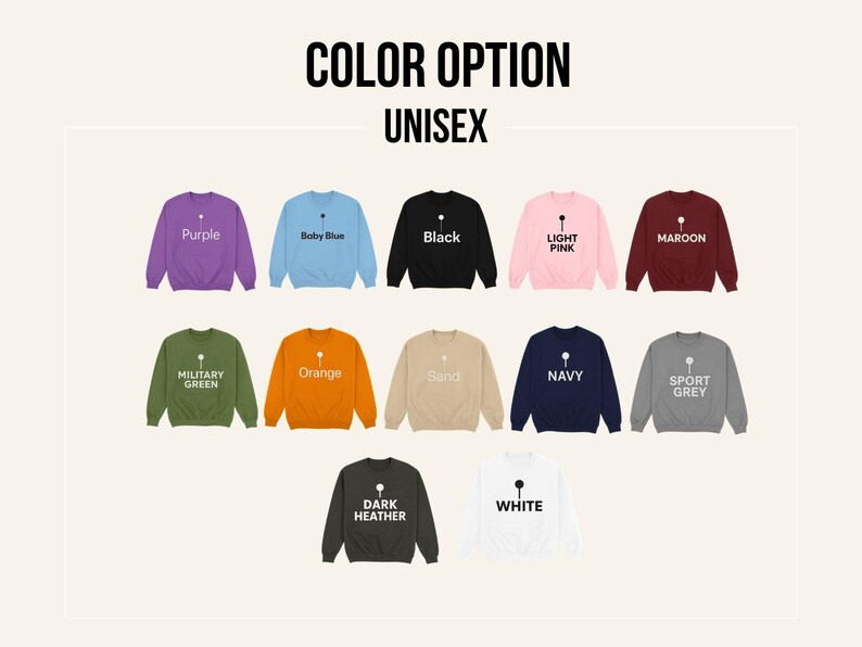 Color options chart for overstimulated embroidered crewneck sweatshirt showing available sweatshirt colors