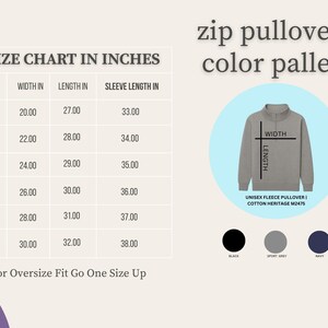May include: A size chart in inches for a unisex fleece zip pullover. The chart shows measurements for width, length, and sleeve length, ranging from size small to 3XL. Color options include black, sport grey, and navy.