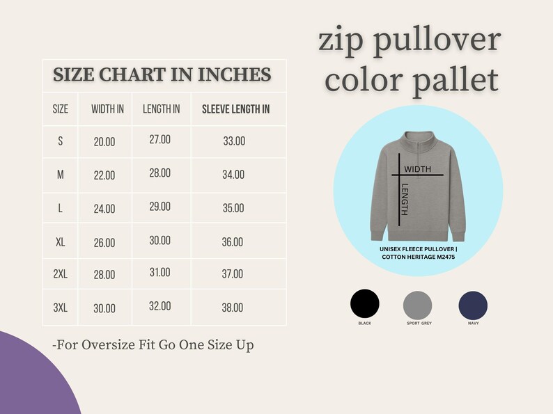 May include: A size chart in inches for a unisex fleece zip pullover. The chart shows measurements for width, length, and sleeve length, ranging from size small to 3XL. Color options include black, sport grey, and navy.