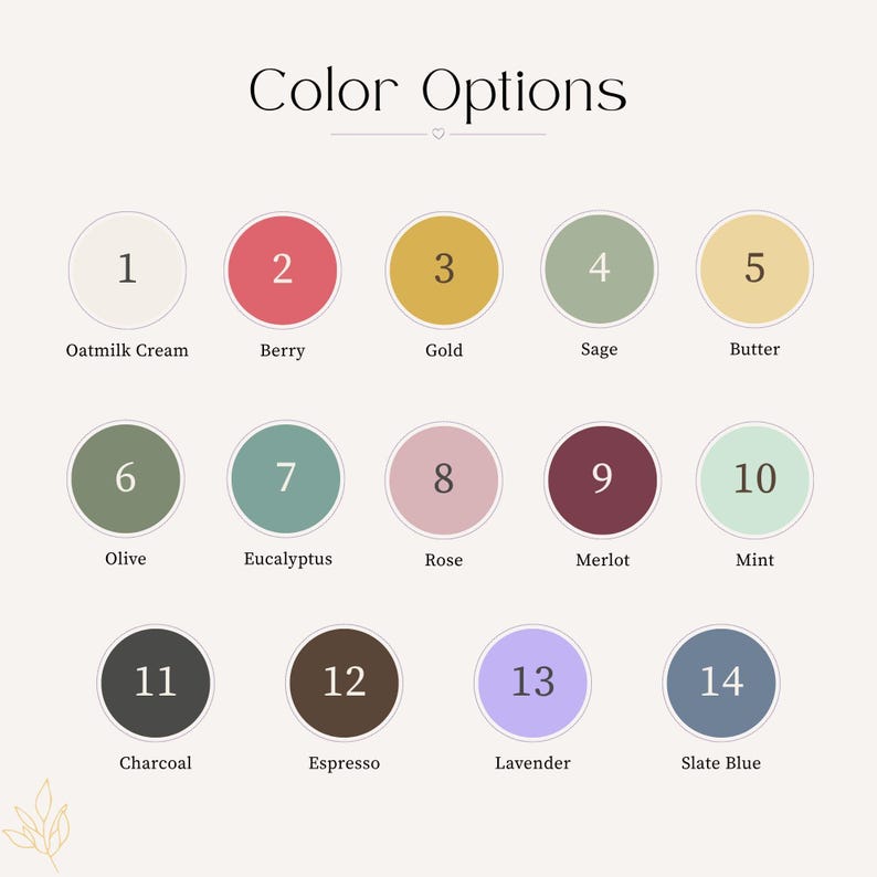 Op de afbeelding: Een kleurenkaart met de titel Color Options met veertien genummerde cirkels met bijbehorende kleurnamen: 1 Oatmilk Cream, 2 Berry, 3 Gold, 4 Sage, 5 Butter, 6 Olive, 7 Eucalyptus, 8 Rose, 9 Merlot, 10 Mint, 11 Charcoal, 12 Espresso, 13 Lavender, 14 Slate Blue.