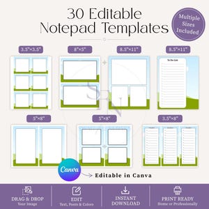 Puede incluir: Una colección de 30 plantillas de bloc de notas editables con un diseño de borde de cielo azul y hierba verde. Las plantillas vienen en varios tamaños, incluyendo 3.5"x3.5", 8"x5", 8.5"x11", 5"x8" y 3.5"x8". El texto incluye "30 Editable Notepad Templates", "To Do List" y "Editable in Canva".