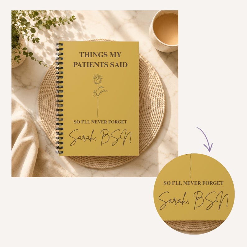 May include: A mustard yellow spiral-bound notebook featuring the black text "THINGS MY PATIENTS SAID" and "SO I'LL NEVER FORGET" with a line-art rose illustration in the centre and the personalised name "Sarah, BSN" printed at the bottom.