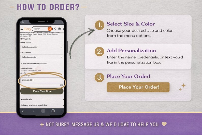 How to order personalized nurse zip jacket showing steps to select size, choose color and add name personalization
