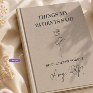 Taupe personalized nurse journal hardcover notebook featuring the phrase “Things My Patients Said” with a floral line art design and custom name Amy, RN. This elegant healthcare worker memory book is ideal for shift notes, patient quotes, hospital memories, medical journaling, RN appreciation, nurse graduation, coworker gifts, and thoughtful hospital gift ideas.