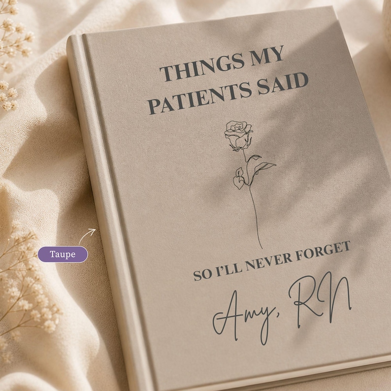 Taupe personalized nurse journal hardcover notebook featuring the phrase “Things My Patients Said” with a floral line art design and custom name Amy, RN. This elegant healthcare worker memory book is ideal for shift notes, patient quotes, hospital memories, medical journaling, RN appreciation, nurse graduation, coworker gifts, and thoughtful hospital gift ideas.
