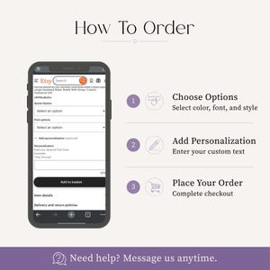 Op de afbeelding: Een instructieve afbeelding met de titel How To Order toont een smartphone met een Etsy-productpagina en personalisatievelden. Drie genummerde stappen leggen uit hoe opties worden gekozen, personalisatie wordt toegevoegd en een bestelling wordt geplaatst.