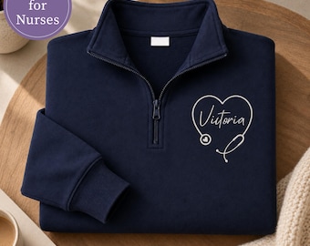 Embroidered Nurse Sweatshirt Quarter Zip Pullover Fleece Personalized Gift Healthcare Worker Custom Name CNA Medical Student LPN Nursing
