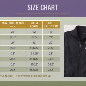 Size chart for personalized nurse fleece zip jacket showing body length, sleeve length and bust measurements XS through 4XL