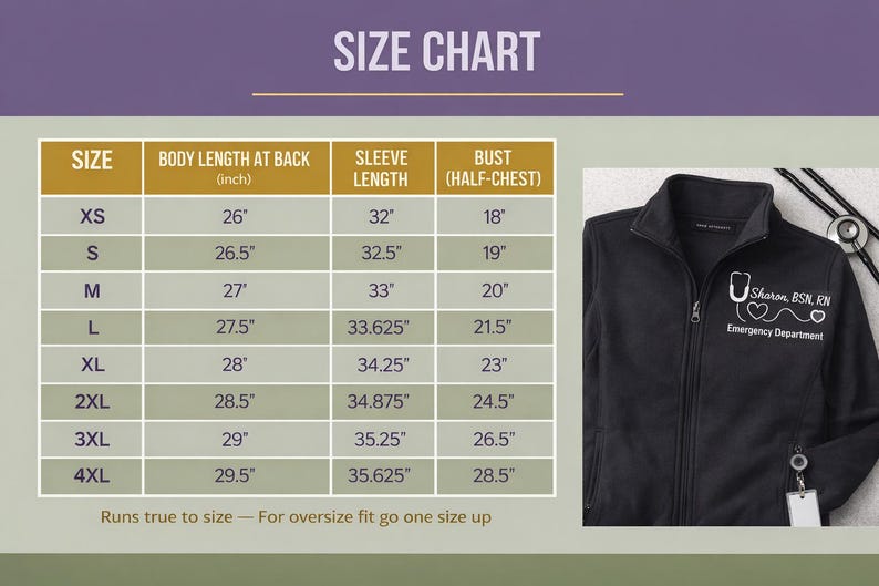 Size chart for personalized nurse fleece zip jacket showing body length, sleeve length and bust measurements XS through 4XL