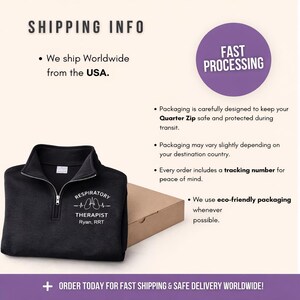 Shipping info graphic for a respitory therapist quarter zip showing a folded black personalized quarter zip beside a kraft shipping box on a neutral background, with text about worldwide shipping from the USA, fast processing, tracking, and eco-friendly packaging.