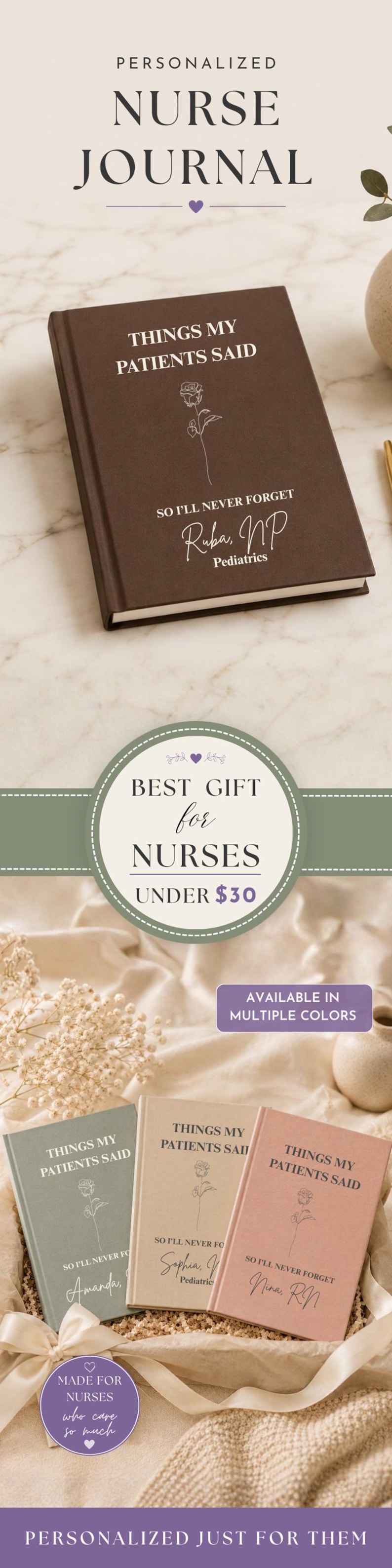 Personalized nurse journal gift featuring a hardcover “Things My Patients Said” memory book with rose line art, custom name and department details. Elegant Etsy-style image highlights multiple journal colors, gift-ready styling, and a thoughtful keepsake for nurses, RNs, NPs, pediatrics nurses, healthcare workers, nursing graduates, and nurse appreciation gifts under $30.