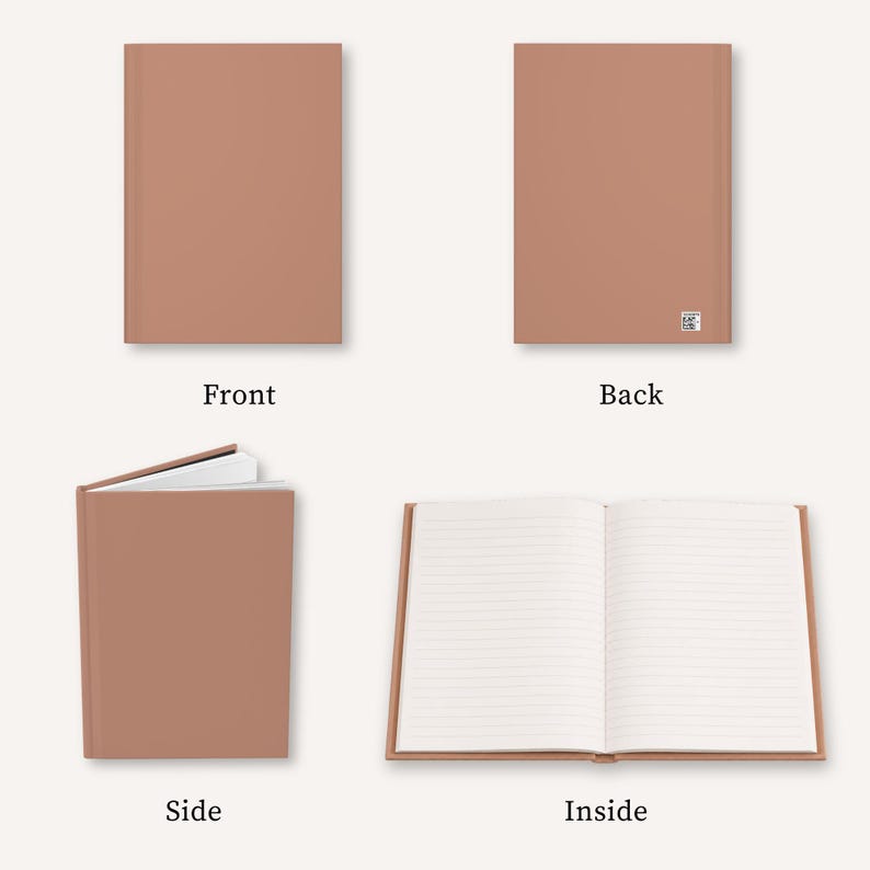 May include: A set of four images showcasing a brown journal. The front, back, side, and inside views are displayed. The journal has a solid brown cover and lined pages. The journal is a neutral color.
