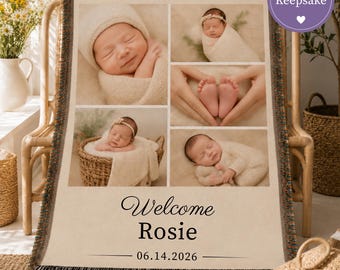 Custom Woven Blanket Personalized Baby Name Gift Newborn Picture Birth Date Cotton Nursery Room Keepsake Family Memory Shower Present Infant