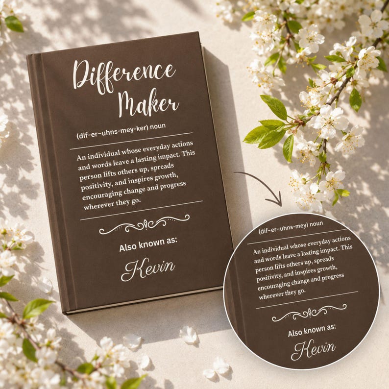 May include: A brown book with the words "Difference Maker" in white script. The text defines the term and includes the name "Kevin". White flowers and green leaves are in the background.