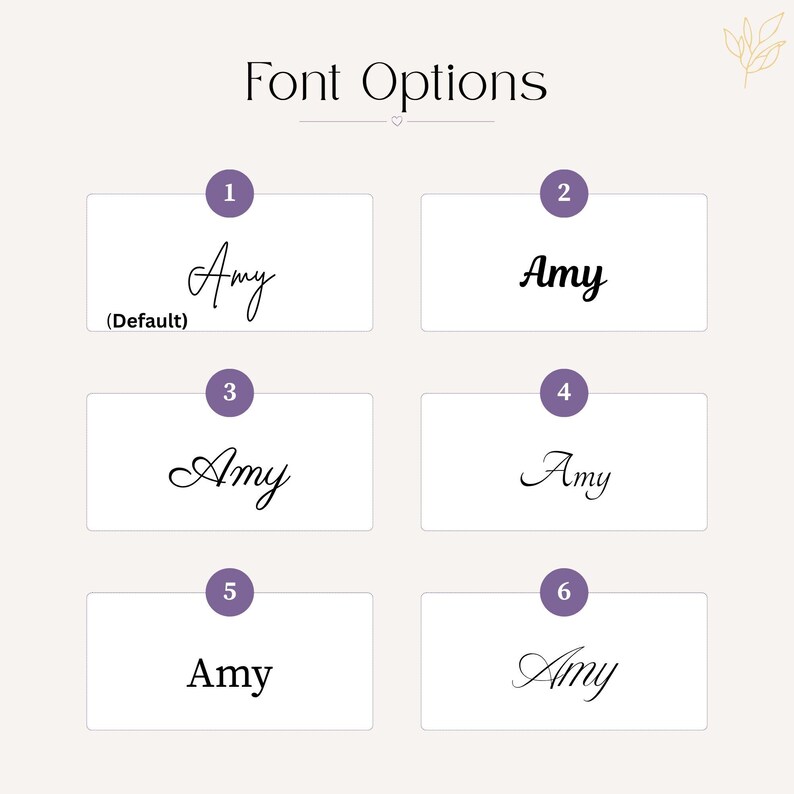 Pu&ograve; includere: Un grafico intitolato Font Options che mostra sei distinti stili tipografici per il nome Amy. Ogni stile &egrave; numerato da uno a sei all'interno di un cerchio viola, con la prima opzione etichettata come Default. Testo nero su sfondo chiaro.