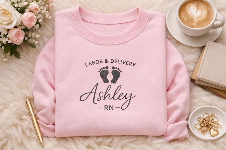 Personalized Mother Baby Nurse Sweatshirt Custom Embroidered Crewneck Pullover Postpartum Nurse Appreciation Gift Labor Delivery Specialist Apparel Healthcare Worker Clothing Soft Comfortable Professional Wear Hospital Staff Present Unique