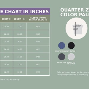 Respitory therapist quarter zip size chart and color options graphic in a 2000 by 2000 square format showing sizing measurements in inches for S through 4XL including chest, length, and sleeve, alongside a color palette featuring Heather Navy, Jet Black, Charcoal, and Athletic Heather styled with Swag for Nurses brand colors.
