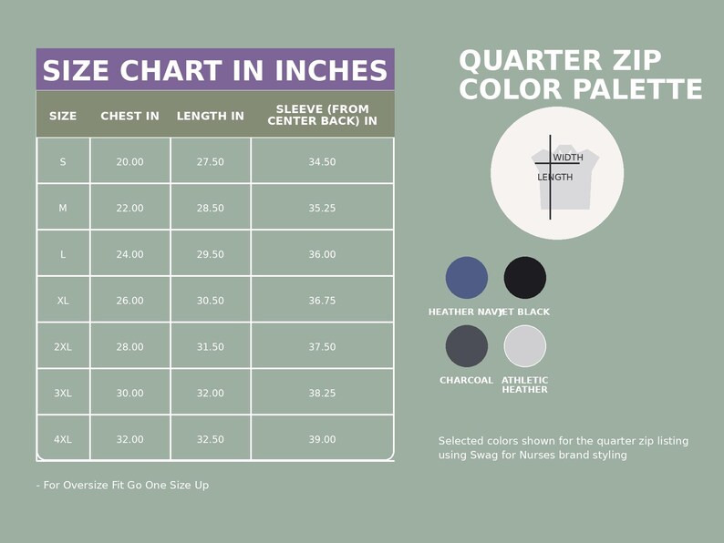 Respitory therapist quarter zip size chart and color options graphic in a 2000 by 2000 square format showing sizing measurements in inches for S through 4XL including chest, length, and sleeve, alongside a color palette featuring Heather Navy, Jet Black, Charcoal, and Athletic Heather styled with Swag for Nurses brand colors.