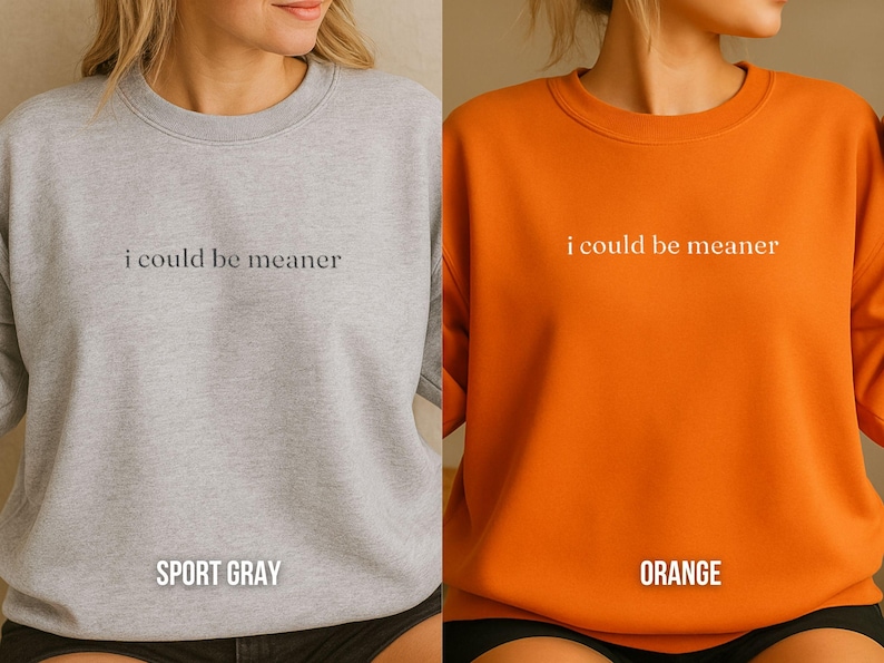 May include: Two sweatshirts, one sport gray and one orange, each with the phrase "i could be meaner" printed in a simple font across the chest. The sport gray sweatshirt has "SPORT GRAY" printed below the text, and the orange one has "ORANGE" printed below.