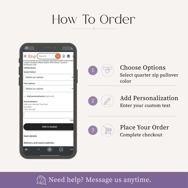 May include: An instructional graphic for ordering a custom product on Etsy. The steps are choosing options, adding personalisation, and placing the order. The image includes a smartphone displaying an Etsy listing and the text "How To Order."