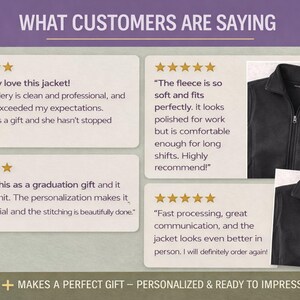 5-star customer reviews for personalized nurse zip jacket highlighting quality embroidery and graduation gift feedback