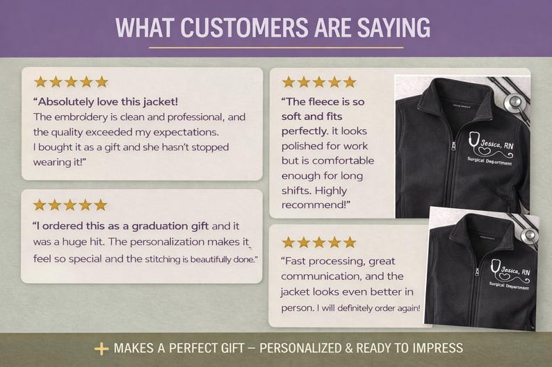 5-star customer reviews for personalized nurse zip jacket highlighting quality embroidery and graduation gift feedback