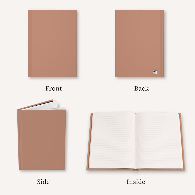 May include: A solid dusty rose hardback notebook shown from four angles: front cover, back cover with a small square label, side view showing the spine and binding, and an open view displaying white lined pages inside the notebook.