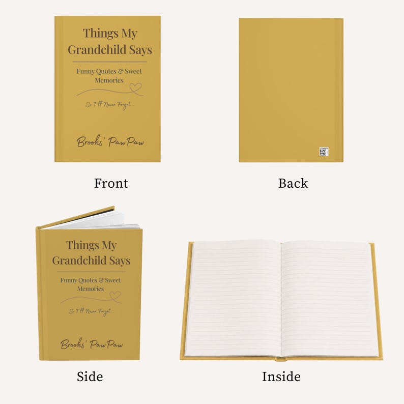 May include: A mustard yellow hardcover journal titled Things My Grandchild Says, Funny Quotes & Sweet Memories, So I'll Never Forget, Brooks' PawPaw. The set displays the front cover, back cover, side spine, and open interior with lined white pages.