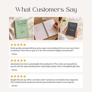 May include: Image features three notebooks with spiral binding. The notebooks have the text "Other People's PROBLEMS That I Have To Solve" and personalized names. Customer reviews are also displayed, highlighting notebook quality and customization.